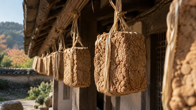 Brown textured cubes of fermented soybean paste hang from straw ropes under the eaves of a wooden building, arranged in a row against a neutral wall