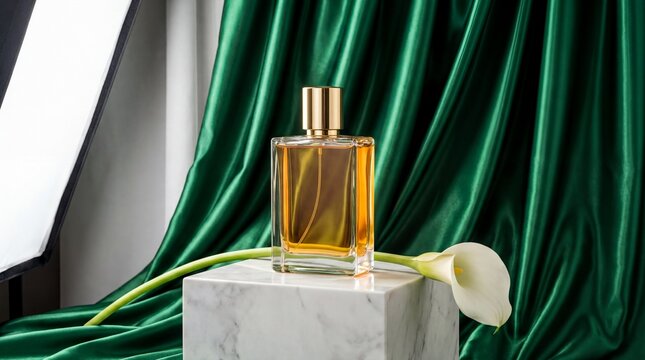 Luxury Fragrance, A pristine glass perfume bottle rests elegantly on a white marble pedestal