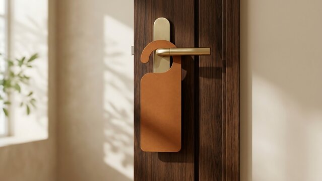 Blank leather door hanger hanging on a modern brass handle of a dark wooden door in a sunlit hotel room or home office, perfect for do not disturb message or privacy sign mockup.