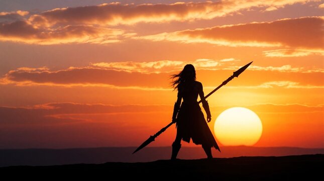 Silhouette of brave female warrior holding long spear against orange sunset sky. Strong woman stands on hill at evening. Heroic fighter poses with weapon in dramatic sunlight. Epic fantasy character