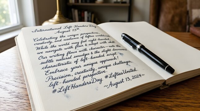 Open notebook with left handed writing and ink fountain pen on wooden table for International Left-Handers Day awareness celebration concept in bright home office