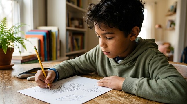 Concentrated left handed boy drawing with pencil sketches on paper at wooden desk for international left handers day and creative childhood art education concept
