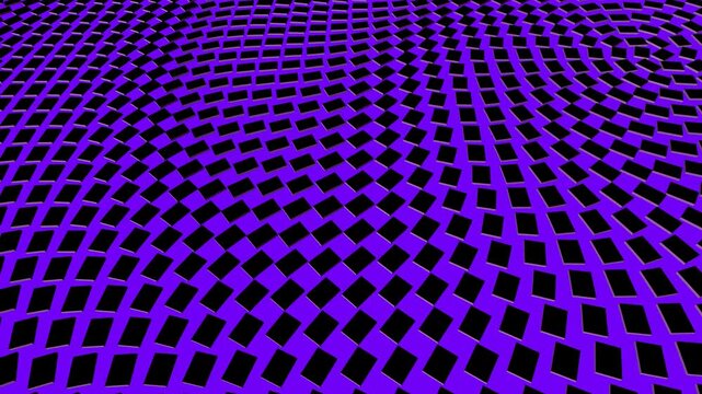 Vibrant violet and black checkered surface flexes with optical perspective waves across an abstract 3D environment