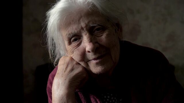 Close up portrait of serene elderly woman 80 90 years with white hair and wrinkled skin, sitting in a dimly lit room, smiling gently and looking at the camera with a peaceful expression