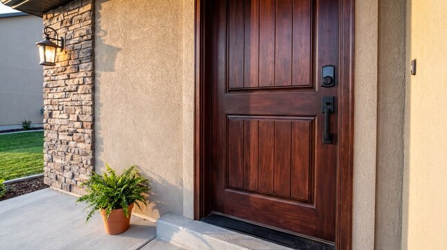 Suburban Front Entryway, A detailed close-up of a modern suburban home entrance with rich textures