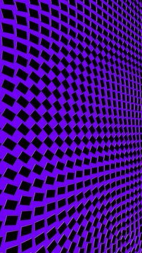 Vertical purple and black checkered mosaic plane curves dynamically creating kinetic wave patterns in a 3D animation