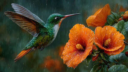 Fototapeta premium Green crowned brilliant hummingbird flying near orange flower in the rain