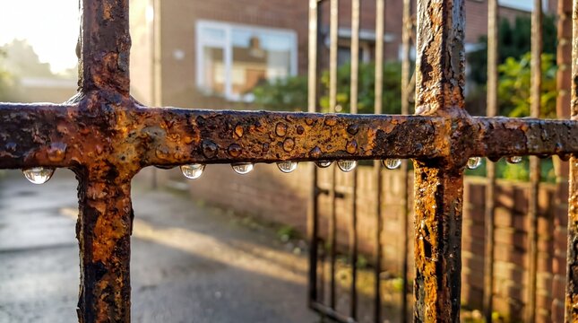 Rusty Iron Gate, Morning dew clings to a weathered rusty iron gate in a quiet alleyway