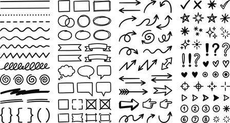 Hand drawn doodle vector elements set with arrows, lines, shapes, and speech bubbles for design © fulbabu