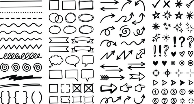 Hand drawn doodle vector elements set with arrows, lines, shapes, and speech bubbles for design