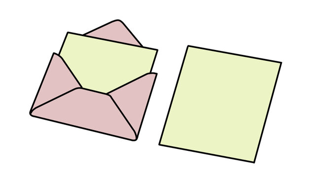 Simple hand-drawn illustration of an open pink envelope with a yellow card and a blank separate note sheet isolated on a transparent background