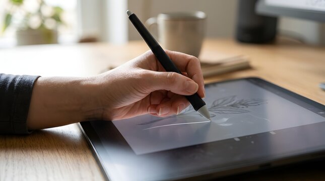 Tablet pen held in left hand by graphic designer sketching artwork on modern screen workspace for international left handers day celebration and digital art concept