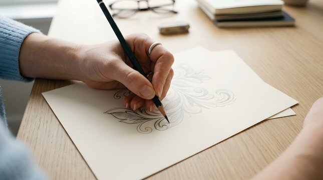 Left handed woman hand holding pencil while drawing intricate botanical artwork sketch on paper at wooden desk for International Left Handers Day creativity concept