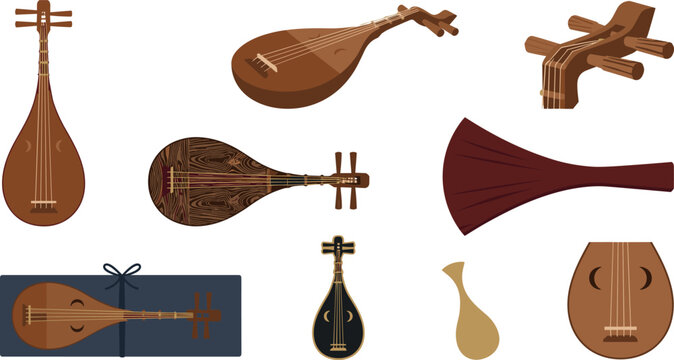 Traditional lute string instrument vector set featuring dan ty ba pipa biwa mandolin musical parts and structural details isolated on white background