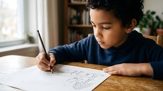 Focused left-handed boy drawing dinosaur with pencil on paper at wooden table for international left handers day awareness and early childhood education concept