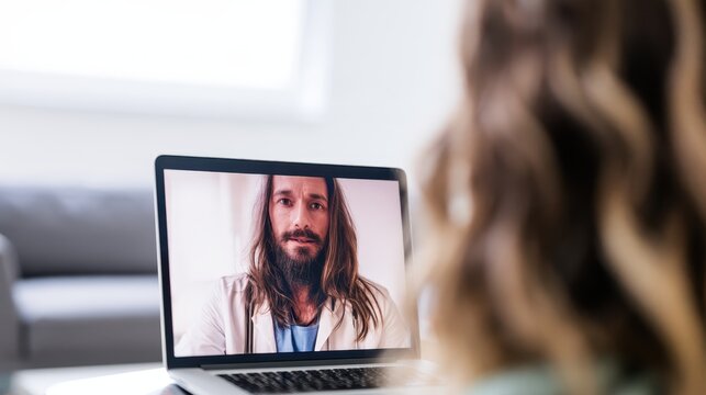 Patient having a video consultation with a doctor on a laptop