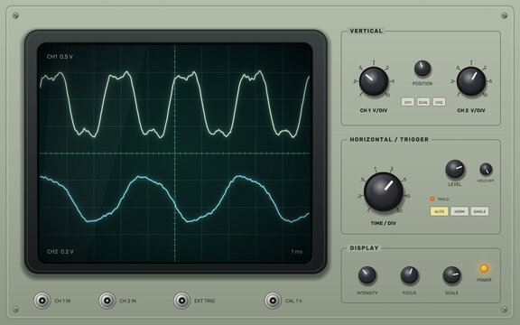 Vintage dual trace oscilloscope front panel