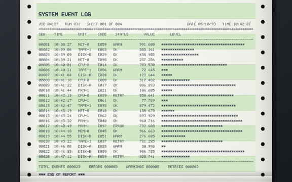 Dot matrix printout on green bar tractor feed paper