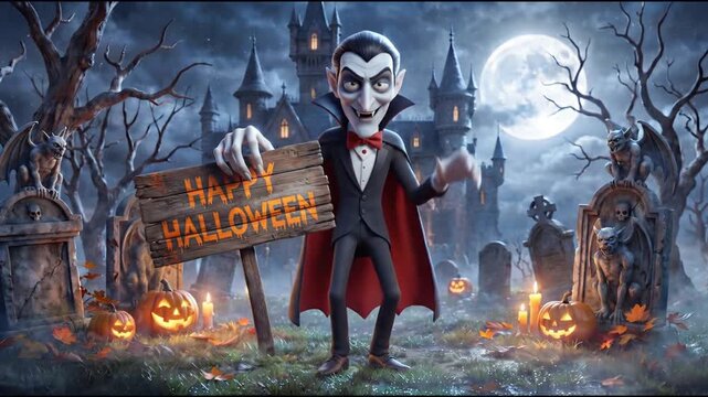 Funny Dracula vampire doing a cute dance and waving goodbye next to a Happy Halloween sign in a spooky graveyard with a gothic castle in the background