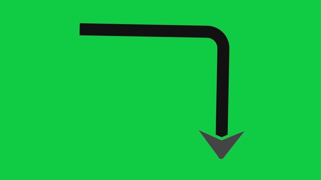 Cinematic Zoom Orbit Seamless Loop of Black arrow symbol indicating a turn and downward direction on a green background Animated for chroma keying and Motion Graphics