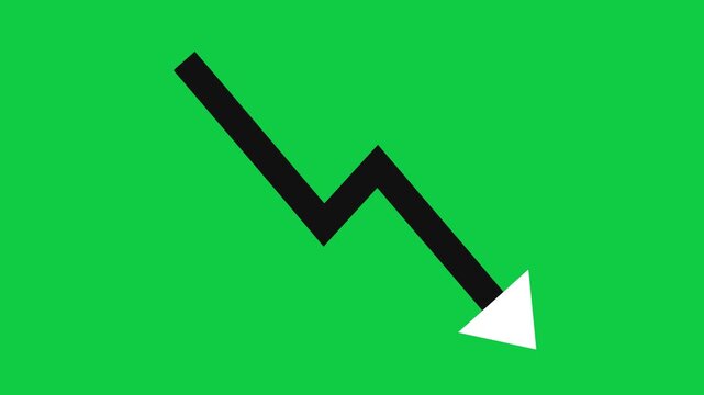 Cinematic Zoom Orbit Seamless Loop of Black downward trending graph line with white arrow on green background symbolizing financial loss or negative trend Animated for chroma keying and Motion Graphic