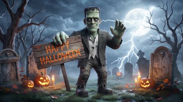 Friendly Frankenstein monster holding a Happy Halloween sign and waving goodbye in a moonlit graveyard with storm lightning in the background