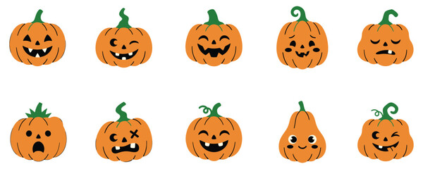 Fototapeta premium A delightful collection of ten intricately carved halloween pumpkins perfect for seasonal decorations and festive designs, vector illustration