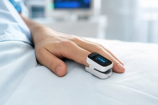 Pulse oximeter attached to a patient finger for oxygen saturation, respiratory monitoring and clinical technology concepts.