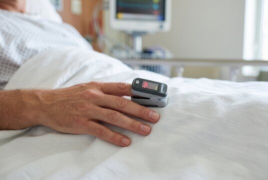 Pulse oximeter attached to a patient finger for oxygen saturation, respiratory monitoring and clinical technology concepts.