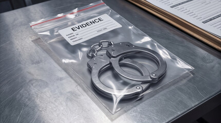 Police handcuffs inside plastic evidence bag on metal table. Criminal investigation and law enforcement procedures.