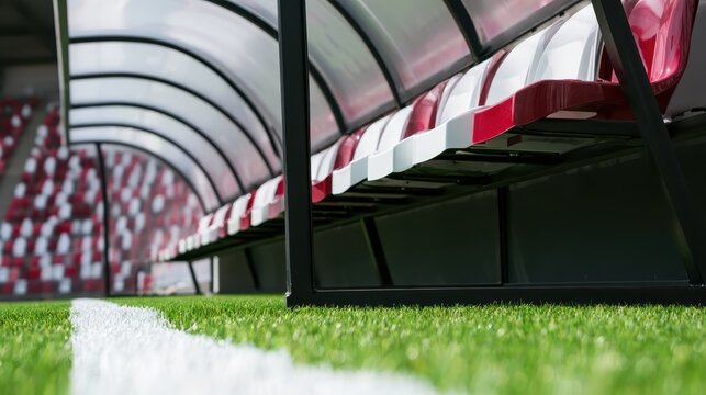 Empty soccer team dugout on stadium pitch