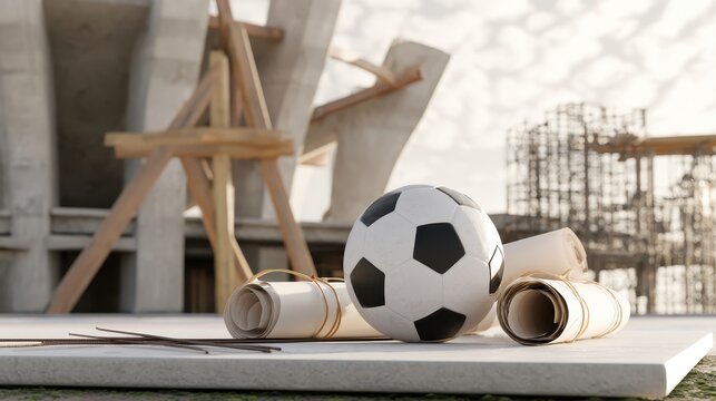 Soccer ball and architectural blueprints at a stadium construction
