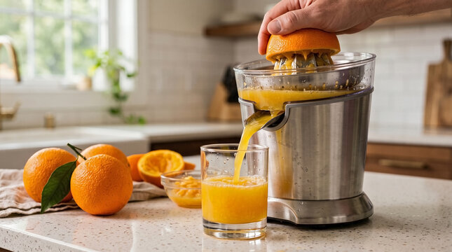 Electric citrus juicer pressing fresh squeezed orange juice for healthy breakfast drink recipes, morning routine blogs, wellness content, and vitamin C awareness