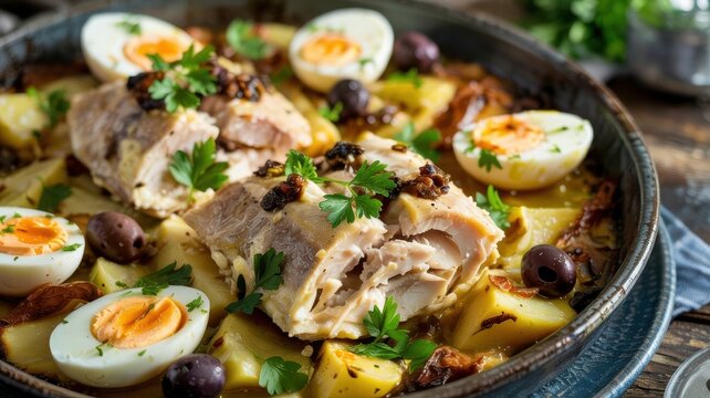 Portuguese cuisine. Bacalhau &agrave; Gomes de S&aacute;. A casserole made from dried salted cod with potatoes, onions, olives, and boiled eggs.