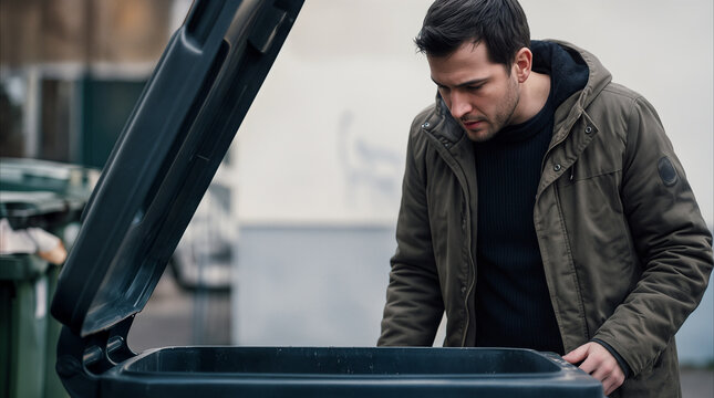 Concerned man looking inside open dumpster on city street. Searching for lost items or waste management concept.
