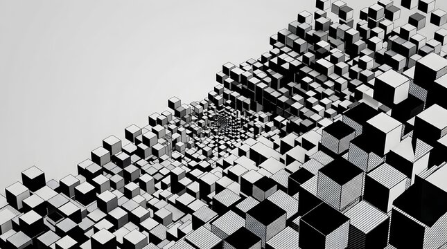 Abstract Isometric Black and White Cube Pattern Creating a Geometric 3D Pixel Landscape