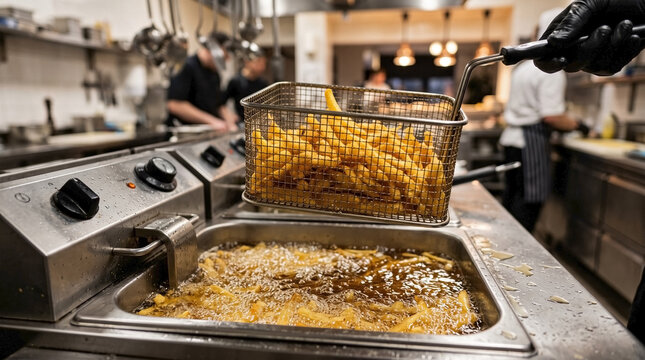 Golden French fries frying in bubbling hot oil within a commercial deep fryer for restaurant menus, fast food advertising, and culinary school content