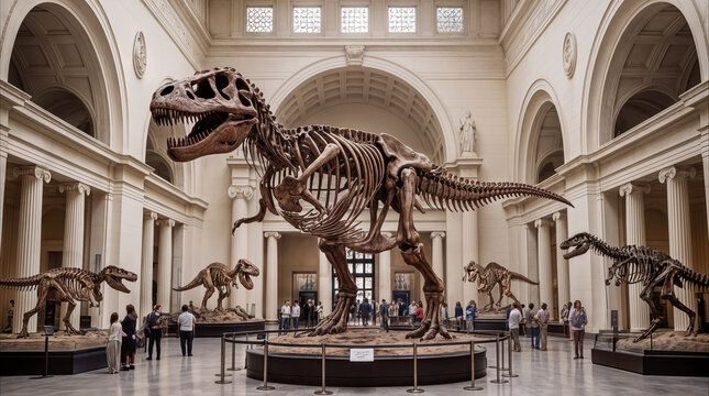 Tyrannosaurus rex skeleton on display in natural history museum hall. Visitors exploring prehistoric paleontology exhibits in neoclassical architecture gallery.