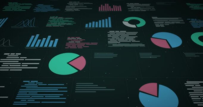 Business data analytics dashboard, financial charts in dark teal and azure blue for fintech, data analytics and business report presentations, motion graphics animation, seamless 4K loop