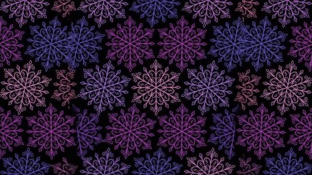 Abstract 3D sparkling purple and blue winter snowflake pattern falling background loop   