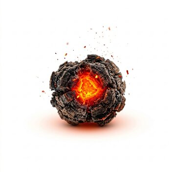 Glowing hot charcoal ember isolated on white background with flying