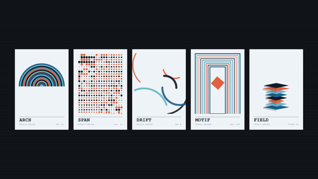 Arch, span, drift, motif, field, a set of five minimalist posters featuring geometric shapes and lines in a blue and orange color scheme