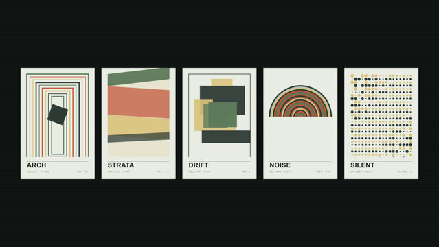 Arch, strata, drift, noise, silent, a collection of five minimalist geometric posters featuring muted earth tones and simple shapes