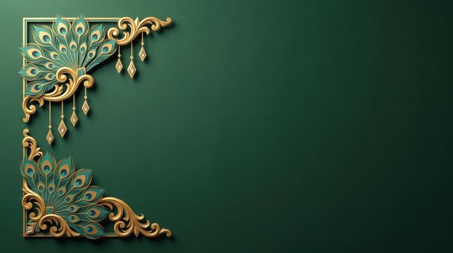 Ornate peacock feather motif frame in gold and teal on a dark green background for sophisticated border design.