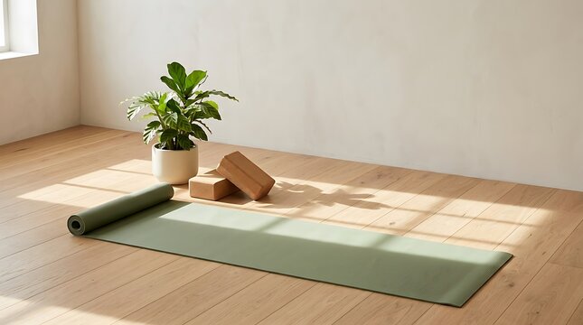 A green yoga mat, wooden blocks, and potted plant rest on a light hardwood floor.