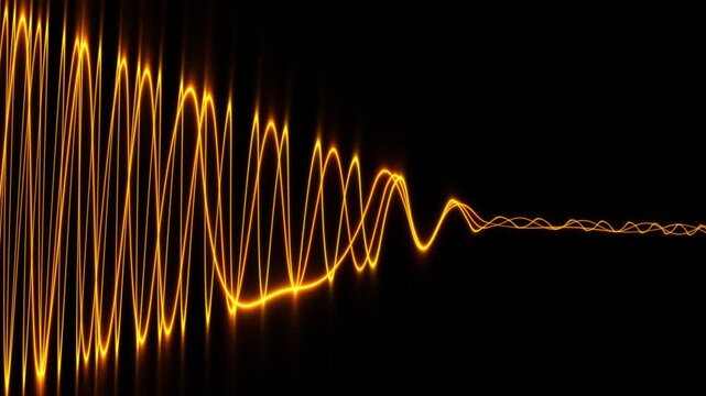 Glowing golden waveforms vibrate and taper horizontally across a dark space with neon energy in a futuristic 3D animation