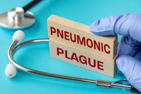 Pneumonic plague text on wooden blocks with stethoscope. Dangerous infectious disease, healthcare and epidemiology concept.