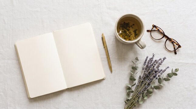Open blank notebook with tea cup, pen, glasses, and lavender flowers. Relaxing selfcare and journaling setup for mindful writing, planning, and cozy lifestyle inspiration.