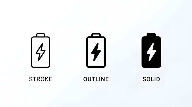 Lightning Bolt Battery Icons Showing Stroke, Outline, and Solid Styles