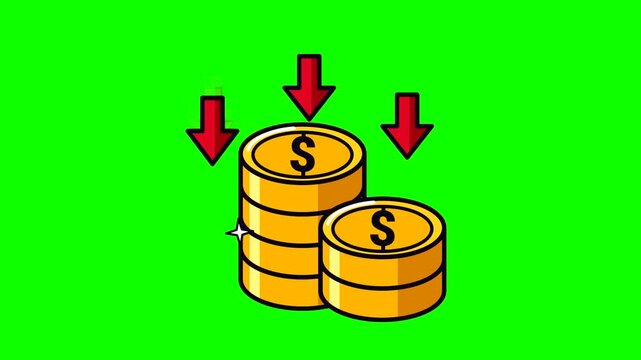 Animated gold dollar coins with red arrows pointing down over chroma key for financial loss concept
